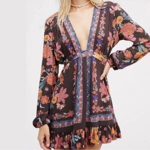 Free People Violet Hill Floral V-neck Tie-Back Long Sleeve Boho Tunic XS